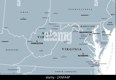 The Virginias, gray political map of Virginia with its capital Richmond and of West Virginia with capital Charleston. Stock Photo