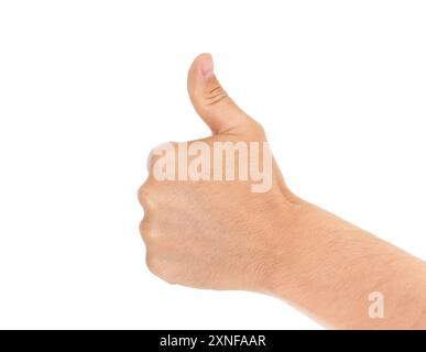 Close up of male hand showing thumbs up sign isolated on white background. Stock Photo