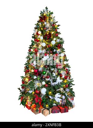 Beautiful Christmas fir tree with gifts, isolated on white background. Stock Photo