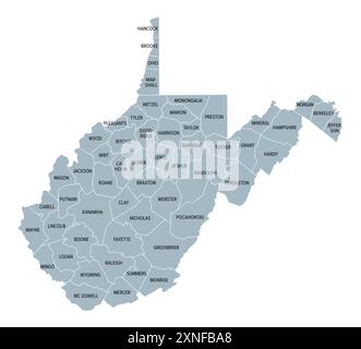 West Virginia counties, gray political map with borders and county names. Landlocked state in the Southeastern and Mid-Atlantic regions of USA. Stock Photo