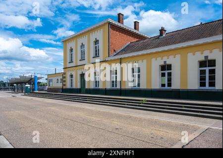 Neerpelt, Limburg, Belgium - July 10, 2024 - Colorful facade of the local railway station Stock Photo