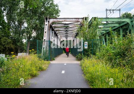 Neerpelt, Limburg, Belgium - July 10, 2024 - Cyclist passing the bridge of the double cyclist track Stock Photo