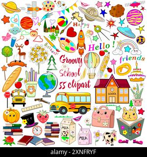 Set of school supplies drawings on white background. Back to school, school doodles Stock Vector