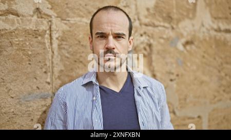 A serious hispanic bearded bald man in casual wear standing against an urban stone wall background. Stock Photo