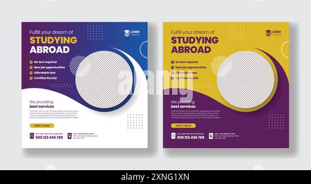 Study abroad social media post or higher education social media web banner square flyer or poster template Stock Vector