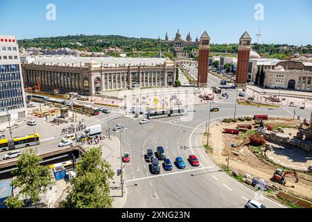 Barcelona Spain,Catalonia Catalunya,Placa d'Espanya Sants-Montjuic,under renovation construction,traffic vehicles,Torres Venecianes Venetian Towers,Pa Stock Photo