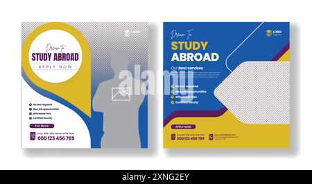 Study abroad social media posts banner ads and square flyer template design Stock Vector