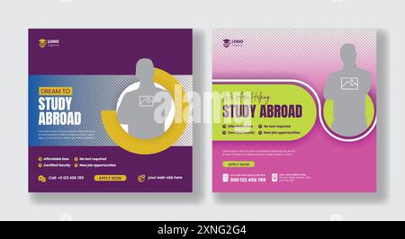 Study abroad social media posts banner ads and square flyer template design Stock Vector