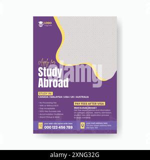 Study abroad print flyer or poster template, education or online learning leaflet or brochure cover design Stock Vector