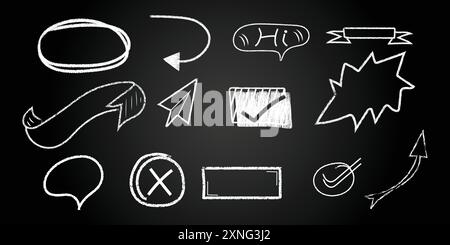 A set of chalk drawings on a blackboard, including an oval shape, checkmark, incorrect, cross, arrows, speech bubble, double check, charcoal arrow, Stock Vector