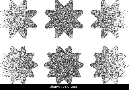 Dotwork abstract shapes, stars in black grain texture Stock Vector