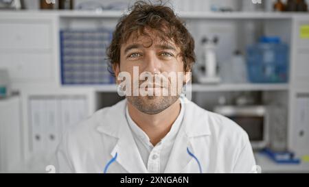 Handsome hispanic man with beard and green eyes wearing lab coat in modern laboratory setting. Stock Photo