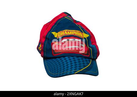 Disney Pixar Cars 95 3 Time Piston Cup Champion Lightning McQueen baseball cap isolated on white background Stock Photo