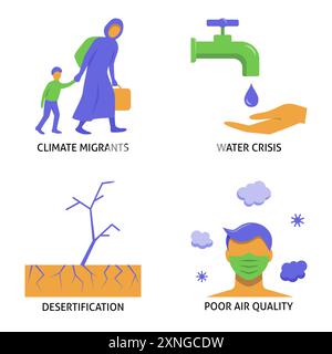 Climate change consequences flat icon set. Water crisis, poor air quality, drought and climate refugees. Vector illustration. Stock Vector