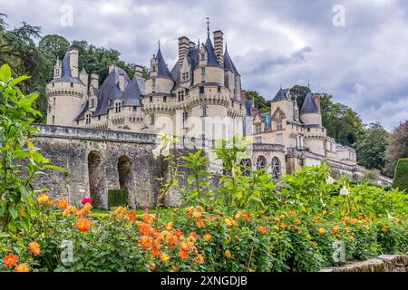 Scenic view of the fairy tale castle of the Sleeping Beauty in Loire Valley in France, the Usse castle and its gardens Stock Photo