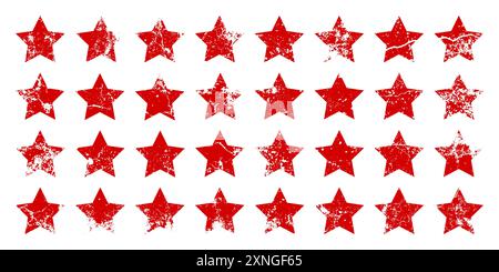Red vintage stars with cracks and stains. Old hand-drawn sign, black simple shape. Retro design element with distressed effect, grunge texture. Vector Stock Vector
