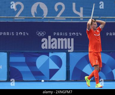 Paris, France. 31st July, 2024. Thijs van Dam of the Netherlands reacts during the men's pool A match between Germany and the Netherlands of Hockey at the Paris 2024 Olympic Games in Paris, France, July 31, 2024. Credit: Ren Pengfei/Xinhua/Alamy Live News Stock Photo