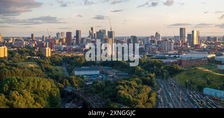 Aerial view of Manchester cityscape with skyscrapers and construction sites. Stock Photo