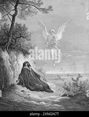 Wood Engraving of Elijah in the Wilderness Visited by an Angel of the Lord Offering Food and Water (1 Kings 19:5-6 ) by Gustave Dore in the Antique 19 Stock Photo