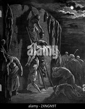 Wood Engraving of the Inhabitants of Jaesh-Gilead recovering the Bodies of King Saul and his Sons after they died in the Battle against the Philistine Stock Photo