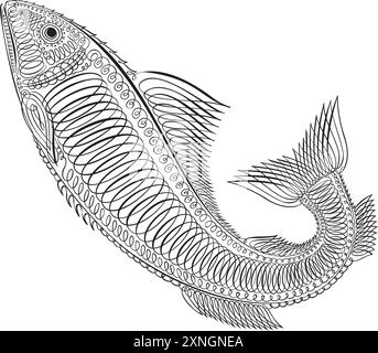 Calligraphic Illustration Of Fish .Coral reef fish. Black and white linear drawing.traditional decor calligraphy curve paint brush sign. Line sketch i Stock Vector