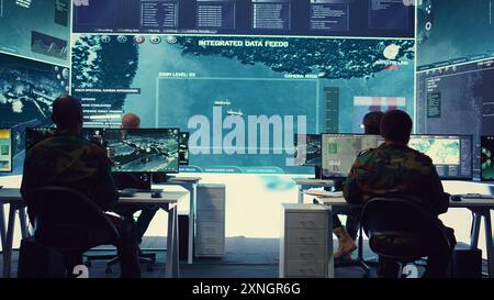 Group of soldiers managing air and sea traffic control for military operations success, working together in federal command post. National surveillance systems using satellite radar. Camera B. Stock Photo