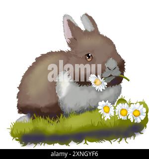 Brown rabbit in cartoon anime style chews daisies on the grass Stock Photo