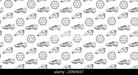 Seamless pattern with soccer balls, cleats, and whistles in a black and white outline. Sports background for fabric, wrapping, wallpaper, stationery, Stock Vector