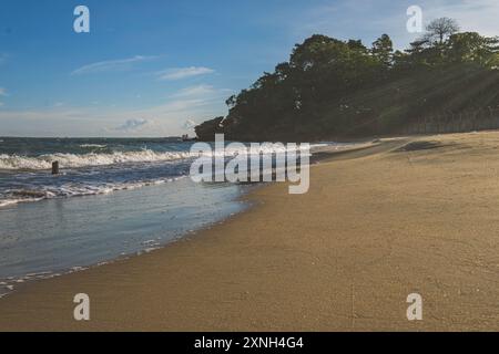 Gentle waves lap the shore on a sandy beach at sunset. Palm trees sway in the breeze in the background, creating a tranquil scene. Stock Photo