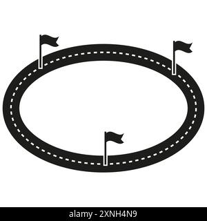 Race track icon with flags. Black and white vector illustration. Circular course design. Stock Vector