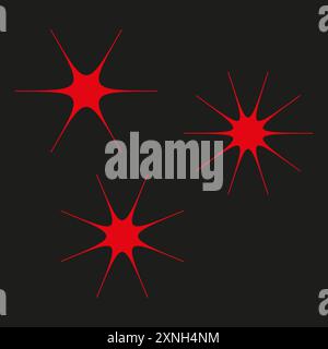 Red starbursts on black. Bold vector icons. Abstract star shapes. Bright design elements. Stock Vector