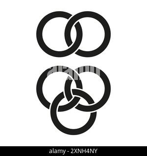 Interlocking rings icons set. Black and white vector symbols. Abstract geometric design. Stock Vector