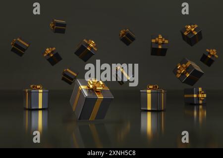 Many black gift boxes with golden bows. 3d illustration. Stock Photo