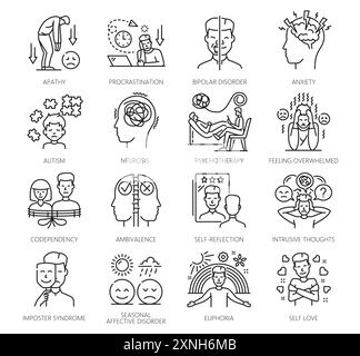Psychological disorder problems, mental health icons. Psychotherapy or cognitive disorder or mental health thin line vector icons. Apathy, euphoria an Stock Vector