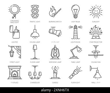 Lights, lamps or lantern thin line icons. Streaming ring, street and traffic light, bulb, lighthouse line pictograms, table lamp, ceiling fan, kerosen Stock Vector