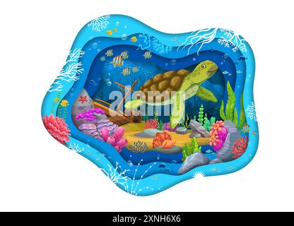 Cartoon turtle, corals and seaweeds on sea underwater paper cut ...