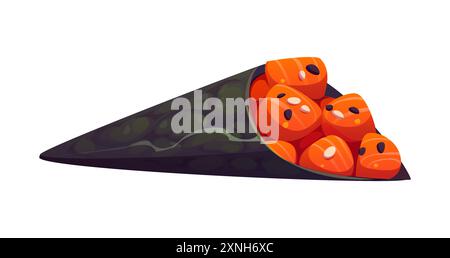 Temaki cartoon Japanese sushi, hand roll c with fresh seafood ingredients. Isolated vector japan cuisine Asian food, nori seaweed wrap filled with sal Stock Vector