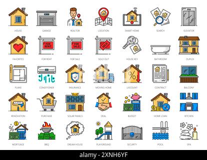 Real estate icons. Mortgage and house apartment rent, insurance and interior design color line symbols. Vector house buildings smart home and key, rea Stock Vector
