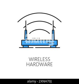 Color wireless hardware line icon of vector internet modem router with antennas and wifi broadband symbol. Outline computer networking device or netwo Stock Vector