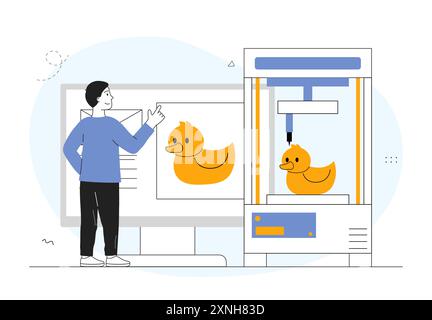 Man with 3D printer. Young guy near printing equipment designs rubber ducky. Copying things and computer. Innovation and modern technologies. Linear Stock Vector