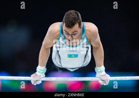 Paris, France. 31th July 2024. Olympic Games,men's artistic gymnastics final of floor exercise, pommel horse, rings, rack, parallel bars and fixed bar at Bercy Arena.. © ABEL F. ROS Stock Photo