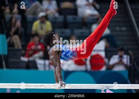 Paris, France. 31th July 2024. Olympic Games,men's artistic gymnastics final of floor exercise, pommel horse, rings, rack, parallel bars and fixed bar at Bercy Arena.. © ABEL F. ROS Stock Photo