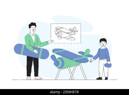 Boy building airplane. Father and son assembling plane. Aircraft and aviation. Hand made transport. Kid play in air transport pilot. Linear vector Stock Vector