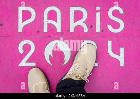 Paris, France. 31th July 2024.Olympic Games, commemorative tile of Paris 2024 on the street  © ABEL F. ROS Stock Photo