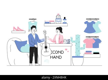 People in second hand. Man buys guitar from woman seller. Flea market and bazaar, local shop or store. Small business, retail and commerce. Linear Stock Vector