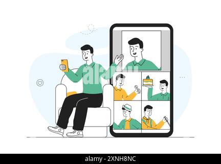 Man with selfie. Young guy with smartphone takes photo of himself. Blogger creates content for social networks. Phone with photographies. Linear Stock Vector