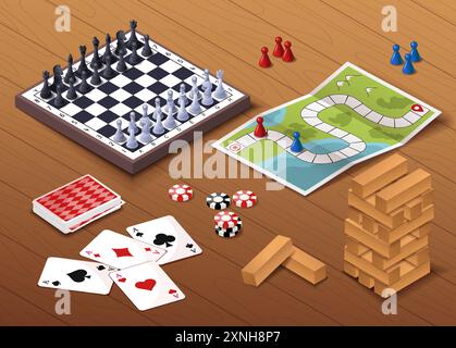 Isometric board games. Chess, playing cards and card with dice. Leisure, fun and entertainment. Chessboard with figures. Volumetric vector collection Stock Vector