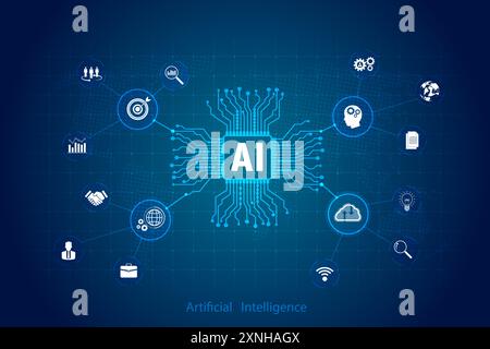 Big data technology and data science on virtual screen. Business analytics, artificial intelligence, machine learning. Engineer or scientist analyzing Stock Photo