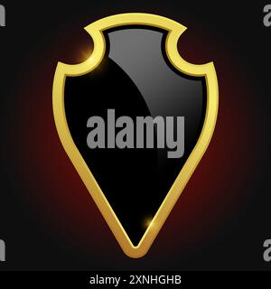 Black shield with glossy bright golden frame isolated on red background. Luxury logo design element. Vector illustration. Stock Vector