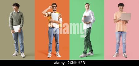 Group of young male programmers on color background Stock Photo